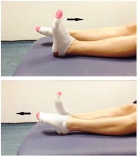 Person with their legs in front of them, first pointing their toes towards them, and then pointing them away.