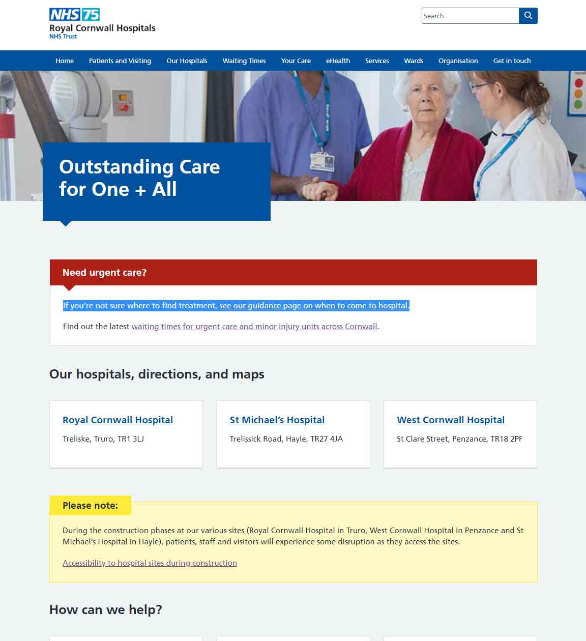 Homepage of the new Royal Cornwall Hospitals public website
